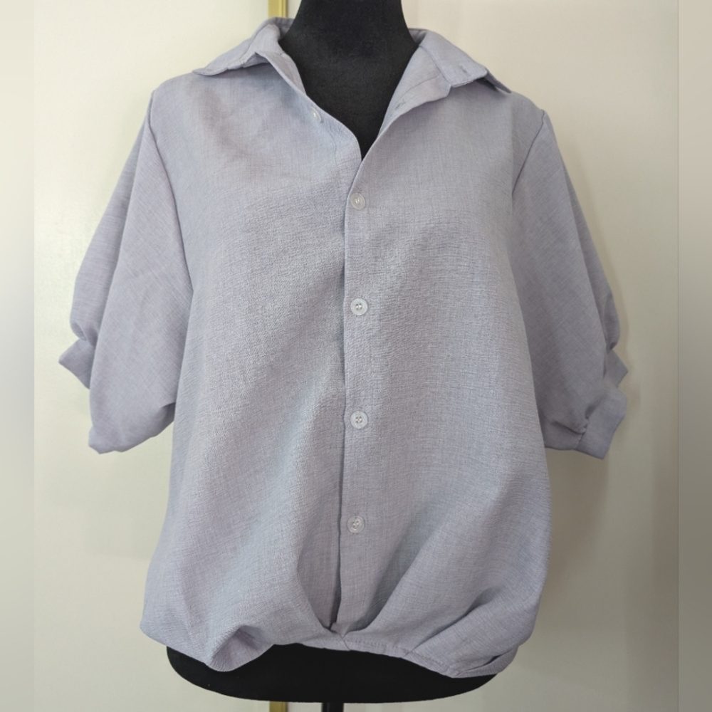 Puff Sleeve Button Up Shirt Work Office Blue Business Loose
